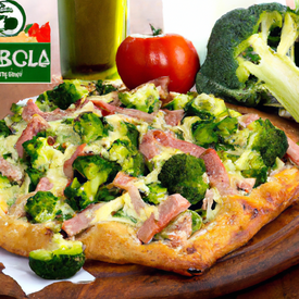 Pizza de brócolis com bacon e mussarela